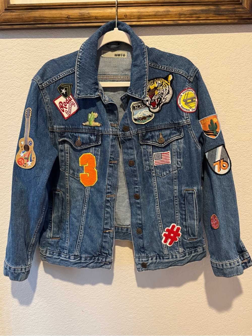 Topshop Blue Denim Jacket with Colorful Badge Patches